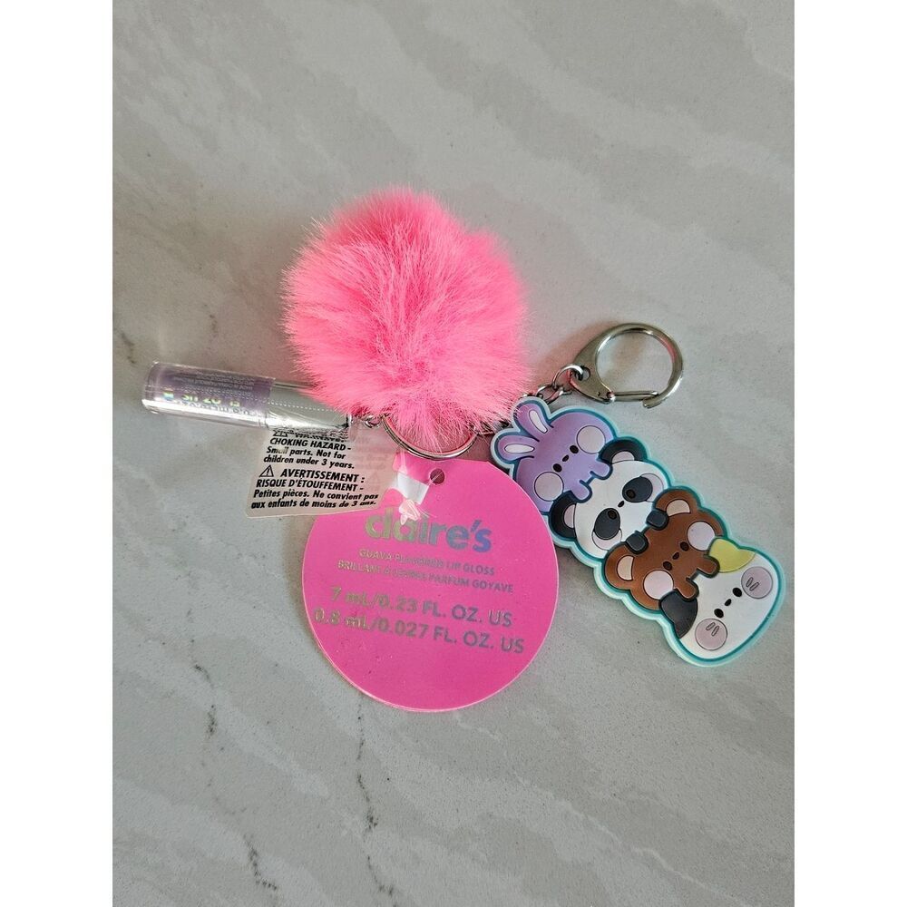 Claire's Pink Fuzzy Pom Keychain with Cute Character Charm and Lip Gloss